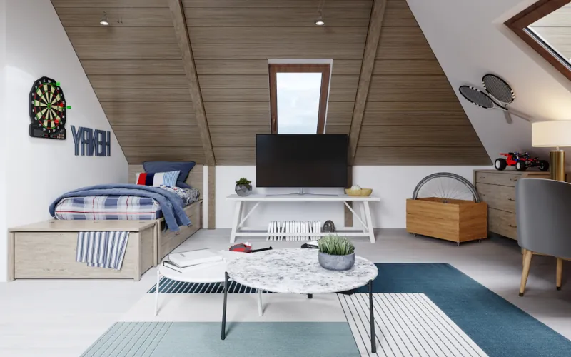 Une chambre d'enfant dans un petit espace sous le toit